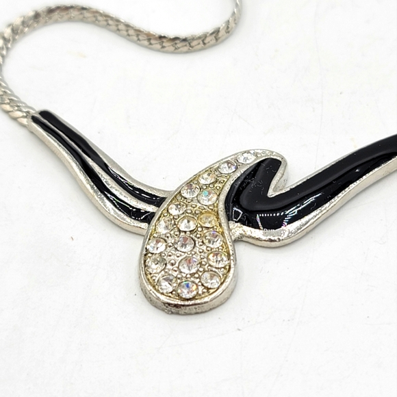 Pavé Rhinestone Teardrop Asymmetrical Ribbon Black Enamel Necklace Earrings Set - Picture 3 of 11